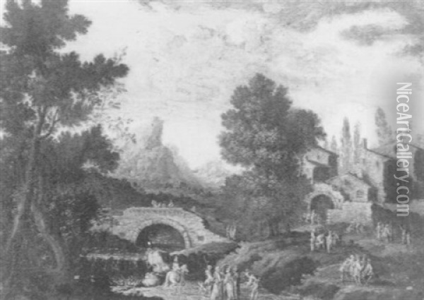 Landscape With Figures, A Waterfall And A Bridge Oil Painting - Gherardo Poli