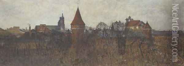 City Walls with the Basilica of the Virgin Mary in the Background, Cracow Oil Painting - Julian Falat