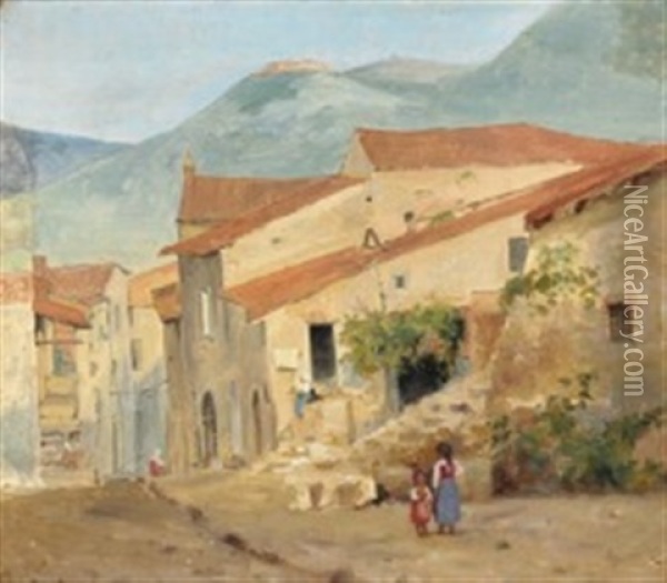 Village Street In The Sabine Hills Oil Painting - Jorgen Valentin Sonne