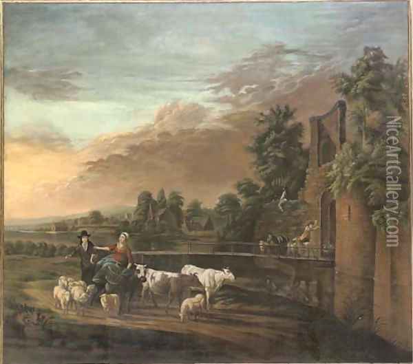 A river landscape with a shepherd and shepherdess on a track with their flock and cattle Oil Painting - Nicolaes Berchem