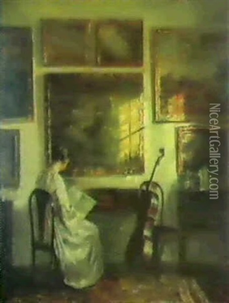 Sollys I Stuen, Interior Med Laesende Kvinde I Hvis Kjole Oil Painting - Carl Vilhelm Holsoe