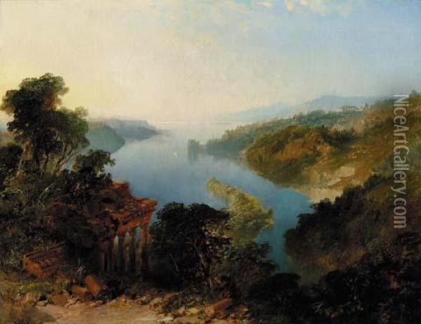 An Italianate Lake Landscape Oil Painting - Edmund John Niemann, Snr.