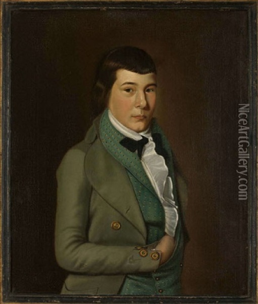 Portrait Of Nathaniel Lawson As A Young Man In A Green Sprigged Waistcoat And Ruffled Shirt Oil Painting - William Jennys