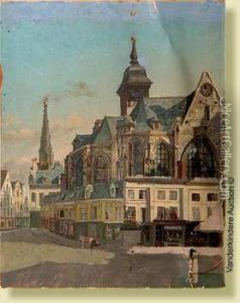 L'eglisesaint Nicolas Et La Fleche De L'hotel De Ville De Bruxelles Oil Painting - Gustave Walckiers