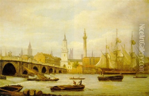 A View Of London Bridge And The Thames With Monument Oil Painting - Thomas Luny
