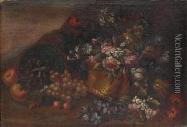 Grapes And Apples Beside A 
Basket Filled With Roses, Tulips, Narcissi And Other Flowers Before An 
Open Landscape Oil Painting - Elisabetta Marchioni Active Rovigo