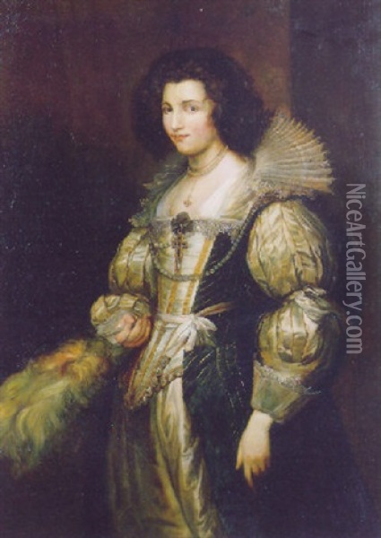 Portrait Of Maria Louisa De Tassis Wearing A Gold Embroidered White Satin Dress With Slashed Sleeves Oil Painting - Carl Faust