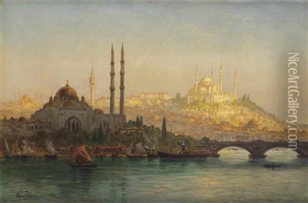 Istanbul, Valide Und Solimanie Moschee; Istanbul, Valide And The Suleymaniye Mosque Oil Painting - Ernest Karl Eugen Koerner