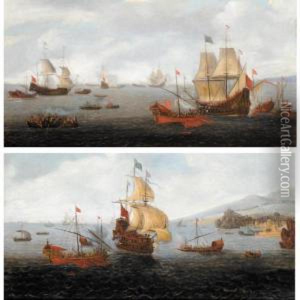 An English Frigate Flanked By Ottoman State Barges And Other Vessels Off The Shores Of A Coastal Town Oil Painting - Kasper or Gaspar van den Hoecke