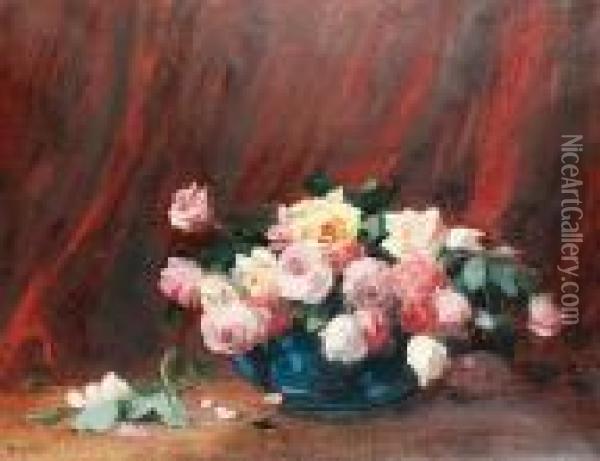 Still Life Of Roses In A Blue Bowl Oil Painting - Thomas E. Mostyn