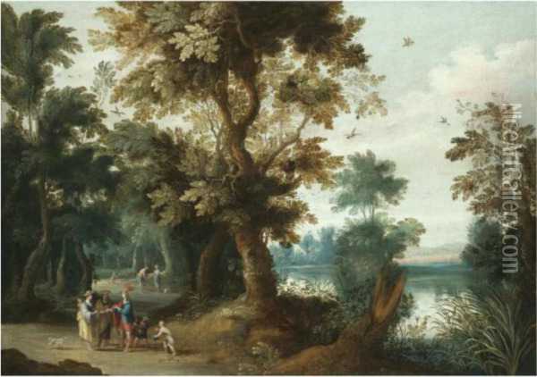 A Wooded River Landscape With Elegant Figures Having Their Fortune Told Oil Painting - Jasper van der Lamen
