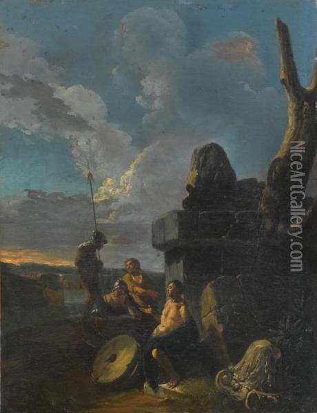 Soldiers Conversing By Roman Ruins Oil Painting - Andrea Locatelli