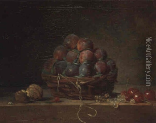 Panier De Prunes Avec Noix, Groseilles Et Cerises Sur Un Entablement Oil Painting - Jean-Baptiste-Simeon Chardin