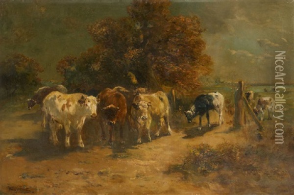 Troupeau De Vaches A La Barriere Oil Painting - Henry Schouten