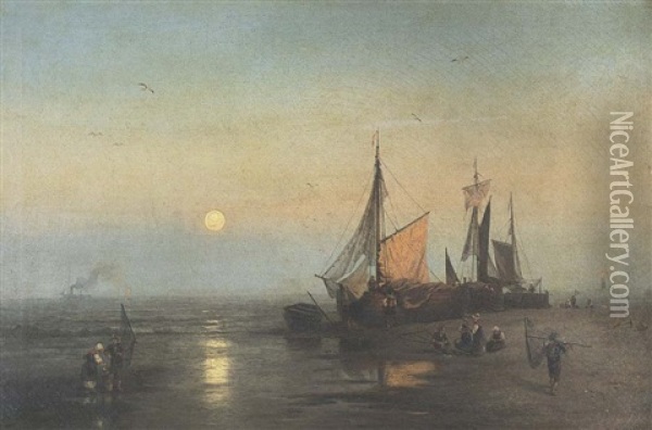 Moonlit Fishing Scene Oil Painting - Hermann Herzog