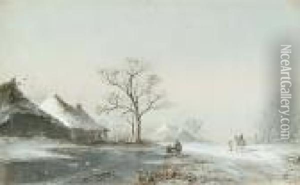 Figures In A Winter Landscape Oil Painting - Andreas Schelfhout