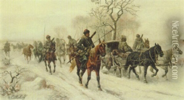 Kosaken-reitzug Und Pferdeschlitten Auf Verschneiter Landstrasse Oil Painting - Adolf (Constantin) Baumgartner-Stoiloff