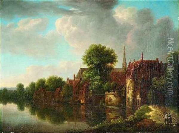 Blick Auf Ein Kleines Stadtchen, Das An Einem See Gelegen Ist Oil Painting - Johann Kneipp