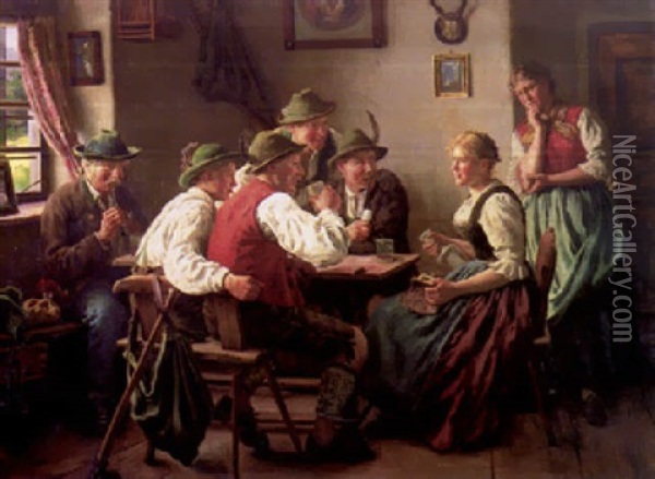 Zwei Dirndl, Vier Burschen Und Der Alte Bauer In Der Oberbayrischen Stube Am Tisch Oil Painting - Emil Rau