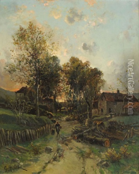 Landschaft Mit Hausergruppe Und Figurenstaffage Oil Painting - Gaston Anglade
