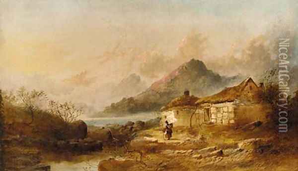 A figure before a cottage in a lake landscape; and Figures resting in a mountainous landscape Oil Painting - Joseph Horlor