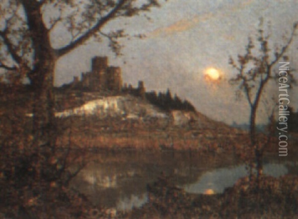 A Castle On A Hillside By Moonlight Oil Painting - Rene Billotte
