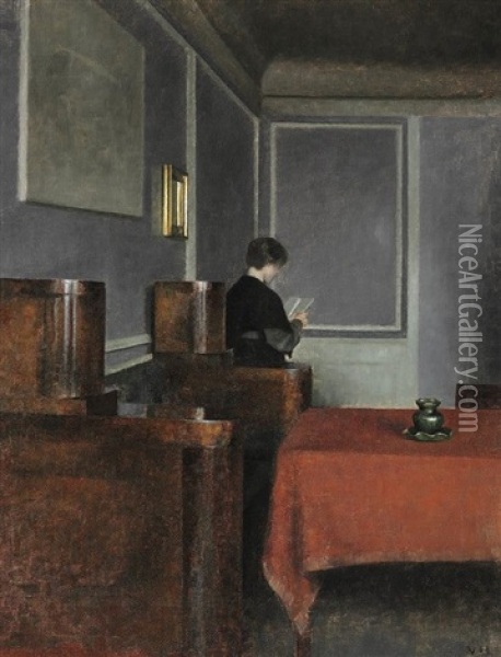 Interior With A Woman Seen From The Back Oil Painting - Vilhelm Hammershoi
