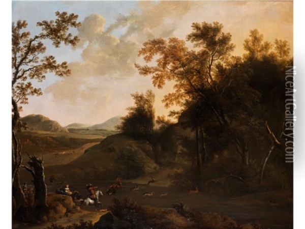 Hugelige Landschaft Mit Jagdszene Oil Painting - Frederick De Moucheron