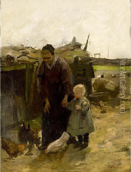 Mother And Child Feeding The Chickens Oil Painting - Frans Deutmann