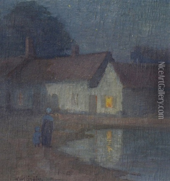 Nocturnal Scene With Mother And Child Near A Village Pond Oil Painting - Carl Olof Eric Lindin