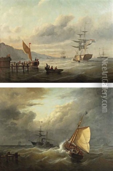 Dutch Vessels In A Sunlit Bay (+ Ships Caught In Rough Waters; Pair) Oil Painting - Christian Cornelis Kannemans