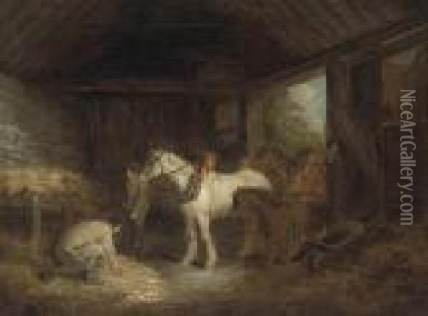 Farm Hands With Plough Horses And A Pony In A Stable Oil Painting - George Morland