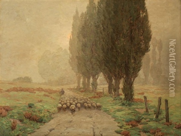 Going Home, Shepherd With Flock Of Sheep In Atmospheric Landscape Oil Painting - Granville S. Redmond