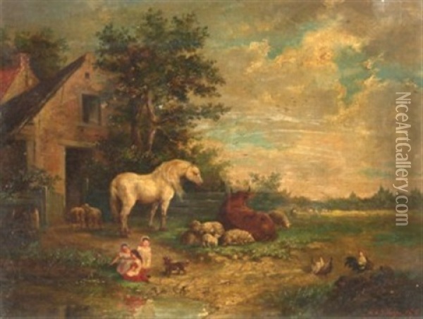 Rustic Scene With Children And A Dog By A Pond, With A Horse, Cow, Chickens And Sheep By Farm Buildings (+ 3 Others; 4 Works) Oil Painting - Frank Albert Philips