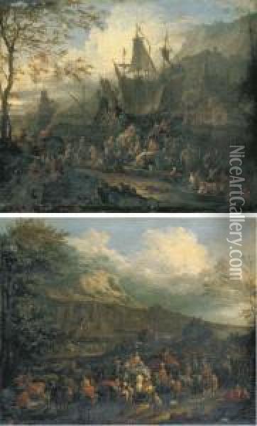 A Capriccio Of A Mediterranean Port Scene With A Four-master Oil Painting - Jean Baptist Van Der Meiren