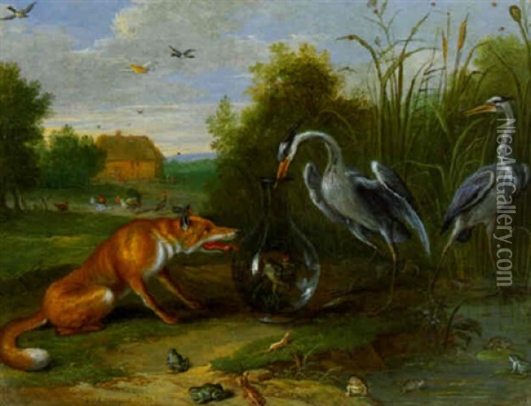 The Parable Of The Fox And The Crane Oil Painting - Jan van Kessel the Elder