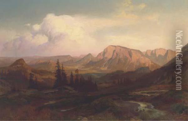 A Chalet In An Alpine Landscape Oil Painting - Ernst August Becker