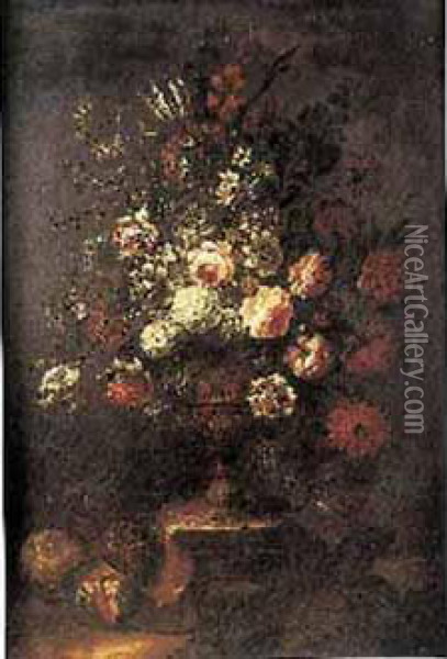 Bouquet De Fleurs Dans Un Vase En Bronze Sculpte Et Fruits Repandus Oil Painting - Johannes Lotyn