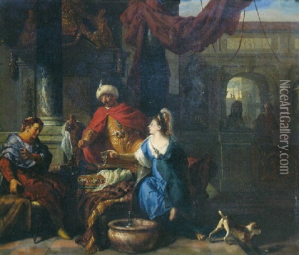 Haman Before Ahasuerus And Esther Oil Painting - Gerard Hoet the Elder