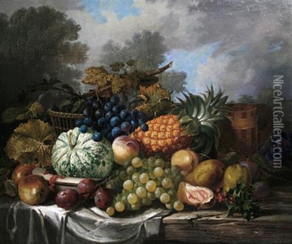 A Still Life Of A Melon, Pineapple, Grapes, Plums And Other Fruit On A Draped Ledge Oil Painting - George Lance