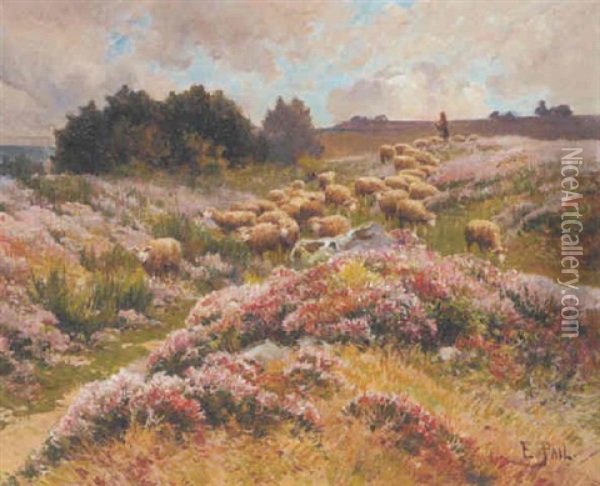A Shepherd Herding His Flock Across Moorland Oil Painting - Edouard Pail