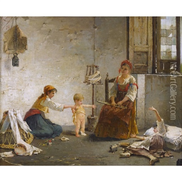 Interieur Mit Kindern Und Frau An Der Haspel Oil Painting - Pasquale Ruggiero