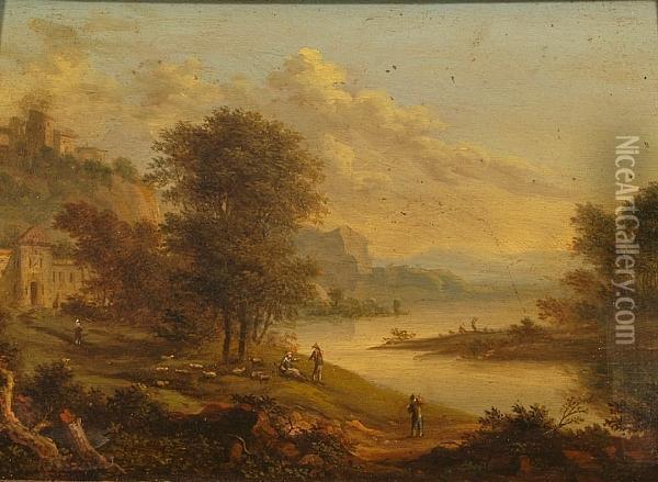 Figures In A Classical Capriccio Landscape Oil Painting - Johann Christian Vollerdt or Vollaert