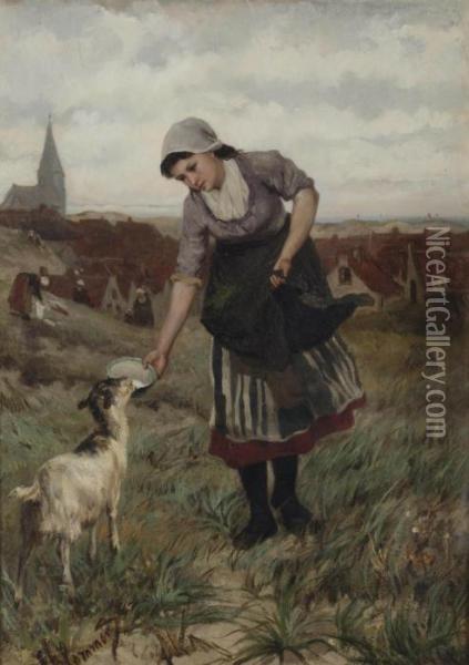 Girl Feeding A Little Goat, Scheveningen Oil Painting - Bernardus Johannes Blommers