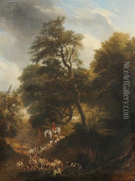 Jager Zu Pferd Und Hundemeute In Bewaldeter Landschaft Oil Painting - Jacques-Laurent Agasse