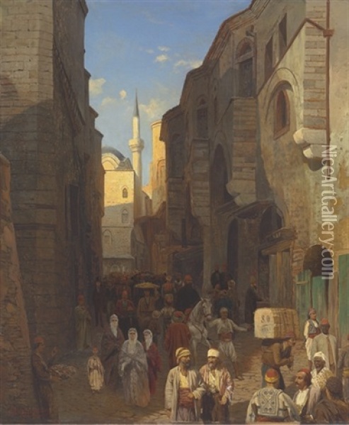 A Busy Street In Tangiers Oil Painting - Karl Paul Themistocles von Eckenbrecher