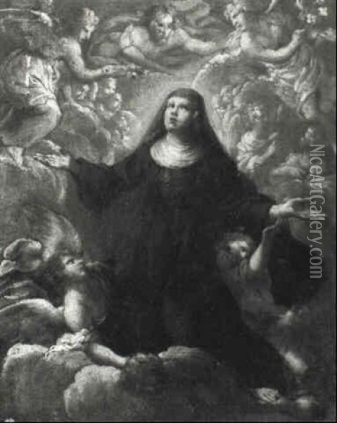 Benedictine Nun Born Aloft By Angels Oil Painting - Pietro Faccini