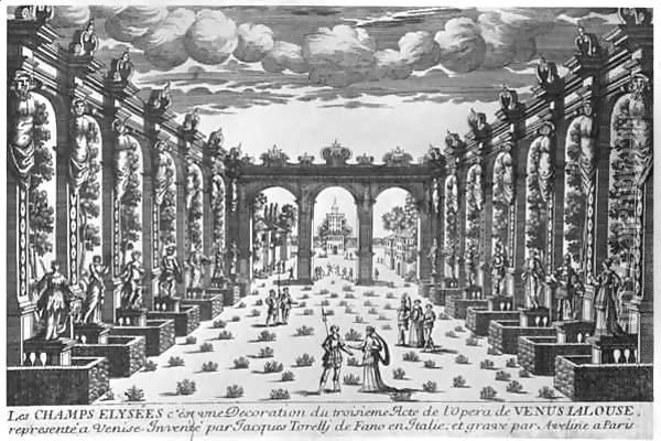 Stage design by Giacomo Torelli (1608-78) for the opera 'Venere Gelosa' performed in 1643 at Teatro novissimo in Venise Oil Painting - Pierre Aveline