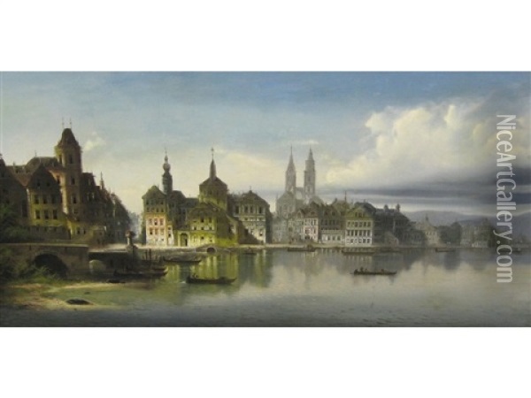 Venetian Capriccio (+ A Lakeside Town; Pair) Oil Painting - Johann Wilhelm Jankowski