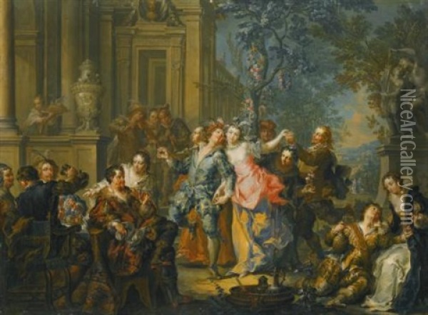 An Elegant Company Making Merry Outside A Palace Oil Painting - Johann Georg Platzer